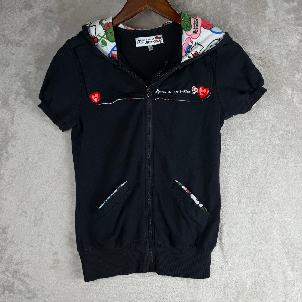 2008 Tokidoki for Hello Kitty Black Short Sleeve Zip Up Hoodie Heart Small